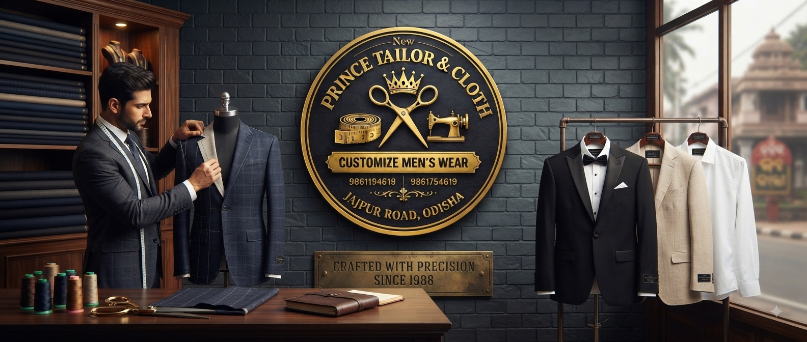 New Prince Tailor & Cloth workshop — master tailor fitting a jacket, Jajpur Road, Odisha