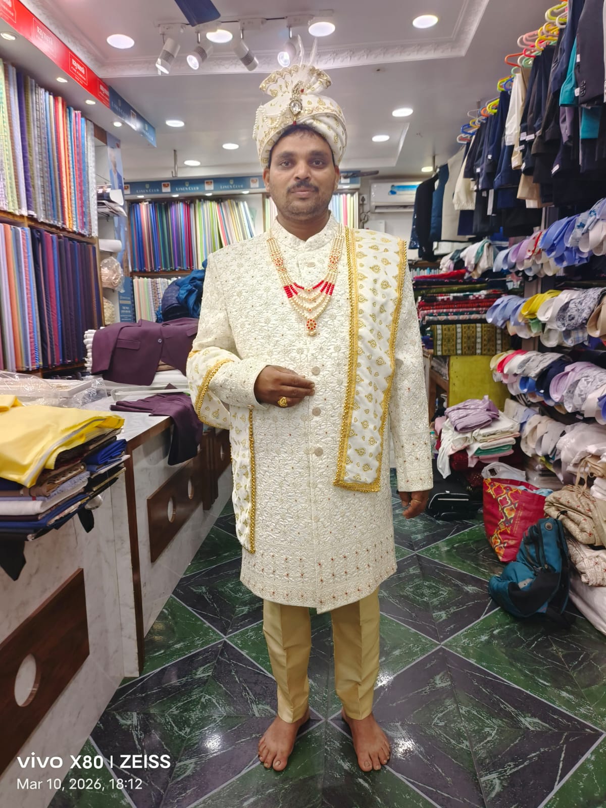 Cream embroidered wedding sherwani with turban