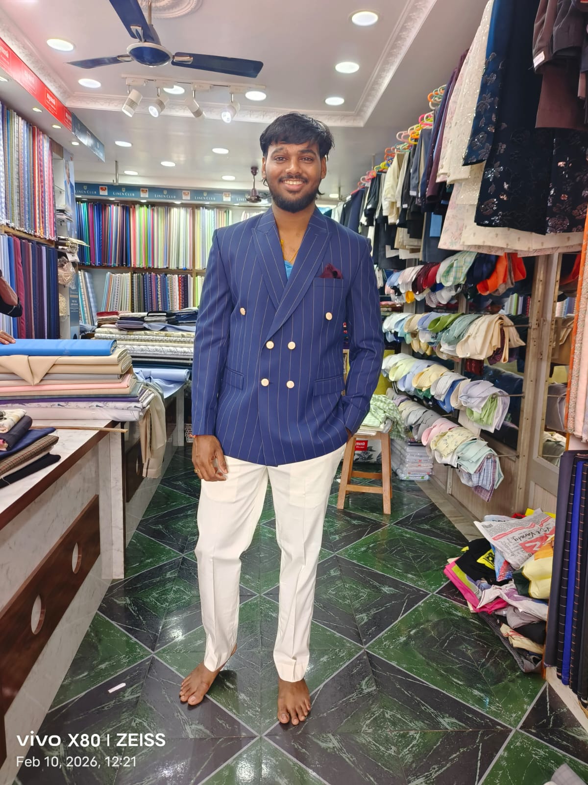 Navy pinstripe double-breasted blazer
